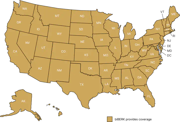 Map of US that shows where biBerk provides Professional Liability coverage